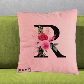 Cadou Personalizat - Perna Personalizata Monograma Florala Litera R, 40x40 cm, Roz, Husa Detasabila, Perna Inclusa, BEKZ®