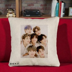 Perna Personalizata K-pop BTS Foto Grup Fete Albe, 40x40 cm, Bej Canapea, Husa Detasabila, Perna Inclusa, BEKZ®