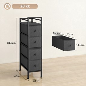 HOMCOM Comodă din Material Textil Slim, Economisire Spațiu, cu 4 Sertare, Cadru Metalic, Negru | Aosom Romania