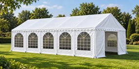 Cort evenimente Economy, 5 × 10 m, 50 m², PVC 440 g/m², structură metalică ranforsată, 10 ferestre, înălțime 2.9 m, Alb,