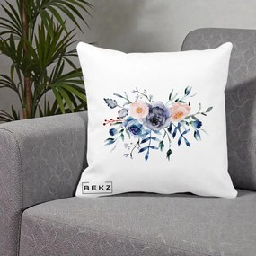 Perna Decorativa Buchet Flori Albastre Acuarela, 40x40 cm, Alba Mata, Husa Detasabila, Perna Inclusa, BEKZ®