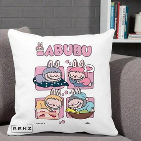 Perna Personalizata Labubu Sleeping Quad Grid, 40x40 cm, Alba Mata, Husa Detasabila, Perna Inclusa, BEKZ®
