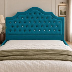 Pat tapițat Chesterfield din catifea Imperio Deluxe 140×200 cm, turcoaz, cu ladă de depozitare