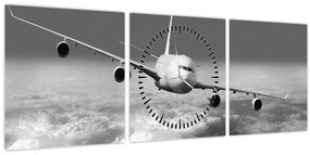 Tablou - Avion în nori, alb și negru (cu ceas) (90x30 cm)