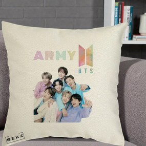 Perna Personalizata K-pop BTS ARMY Fotografie Grup Veseli, 40x40 cm, Ecru, Husa Detasabila, Perna Inclusa, BEKZ®