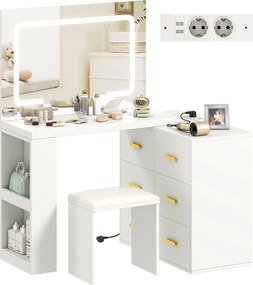 HOMCOM Toaletă cu oglindă și taburet, masă de machiaj cu iluminare LED reglabilă, 6 sertare, 118 x 78 x 135 cm, alb | Aosom Romania