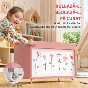 AIYAPLAY Cufăr pentru jucării copii 3-8 ani cu roți, 34,5 L, 15 kg, 50 x 30 x 33,5 cm, pentru dormitor, roz | Aosom Romania