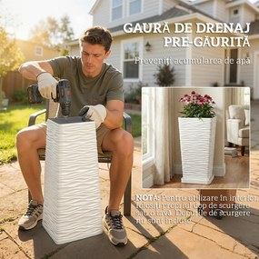 Outsunny Set de 3 Ghivece de Exterior Suprapozabile cu Model Ondulat, Ghivece Pătrate din Plastic pentru Flori cu Orificii de Drenaj, 42/55/65 cm, Alb, Negru, Maro | Aosom Romania