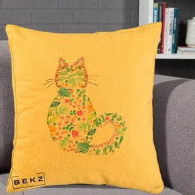 Perna Decorativa Pisica Florala Acuarela, 40x40 cm, Galben, Husa Detasabila, Perna Inclusa, BEKZ®