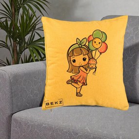Perna Decorativa Fetita Kawaii cu Baloane si Cupcake, 40x40 cm, Galben, Husa Detasabila, Perna Inclusa, BEKZ®