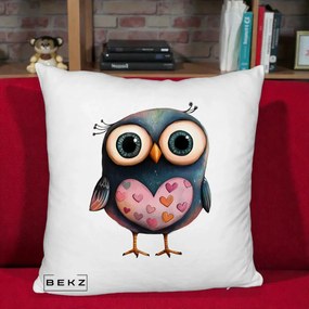 Perna Decorativa Bufnita cu Inimioare Roz, 40x40 cm, Alb Pufos, Husa Detasabila, Perna Inclusa, BEKZ®