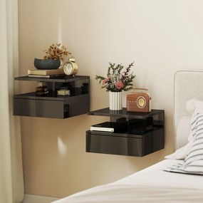 HOMCOM Set de 2 Noptiere Moderne Suspendate pentru Dormitor cu Sertar și Raft, 35x32x22,5 cm, Negru Lucios | Aosom Romania