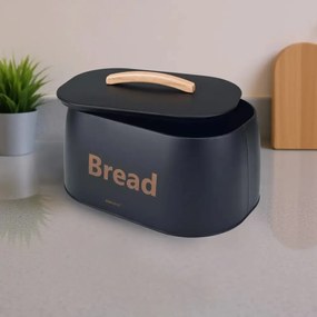 Cutie pentru pâine din metal cu mâner din lemn, 34×24×18.5 cm, neagră, KINGHoff KH-1946