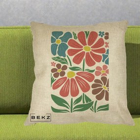 Perna Decorativa Flori Grafice Colorate Retro, 40x40 cm, Crem, Husa Detasabila, Perna Inclusa, BEKZ®