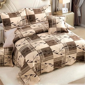 Cuvertură bumbac 100%, bej cu carouri maro, 5 piese, 230x250 cm, CB430