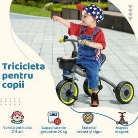 AIYAPLAY Tricicletă pentru Copii cu Scaun Reglabil, Bicicletă pentru Copii cu Coș și Clopoțel, 70.5x53x58 cm, Negru | Aosom Romania