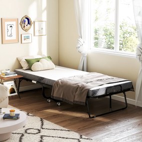 HOMCOM Pat Pliabil Single 90x200 cm cu Saltea de 10 cm Grosime, Cadru din Metal și Roți cu Frână, Negru | Aosom Romania