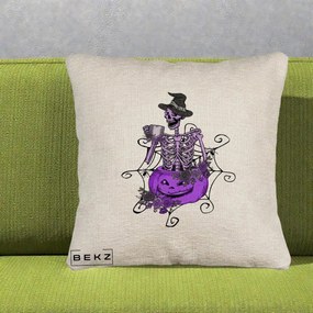 Perna Decorativa Schelet Vrajitor cu Dovleac Violet Halloween, 40x40 cm, Bej Canapea, Husa Detasabila, Perna Inclusa, BEKZ®