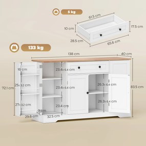 HOMCOM Servantă Bucătărie Modernă cu Sertar și 4 Uși, Dulap Bucătărie cu Rafturi Reglabile, 6 Suporturi pentru Condimente, 138x40x83,5 cm, Alb | Aosom Romania