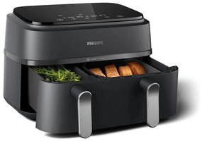 Friteuza cu aer cald dubla Philips NA352/00, 2750 W, 6+3 L, 80-200°C, 1,5 kg, 8 programe, Ecran tactil, Copiere si sincronizare, Negru