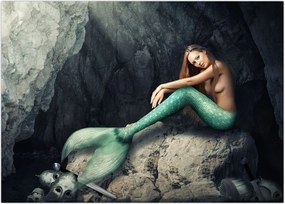 Tablou pe sticlă - Sirena pe stâncă (70x50 cm)