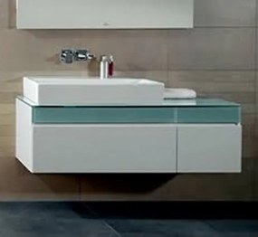 Dulap baza suspendat cu blat sticla, Memento Villeroy&amp;Boch, lavoar stanga, 130.6x53.5x42.5cm, alb/gri, C264L0MT