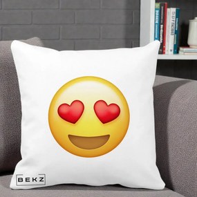 Perna Decorativa Emoji Inimi in Ochi, 40x40 cm, Alba Mata, Husa Detasabila, Perna Inclusa, BEKZ®