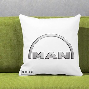 Perna Personalizata cu emblema MAN, 40x40 cm, Alba Mata, Husa Detasabila, Perna Inclusa, BEKZ®