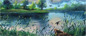 Tablou- Pictură în ulei, seară de vară lângă lac (120x50 cm)