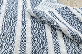 Covor ECO SISAL BOHO MOROC Linii 22328 franjuri - două niveluri de lână cremă / albastru inchis, covor reciclat