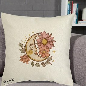 Perna Personalizata Luna Boho Chip Floral, 40x40 cm, Ecru, Husa Detasabila, Perna Inclusa, BEKZ®