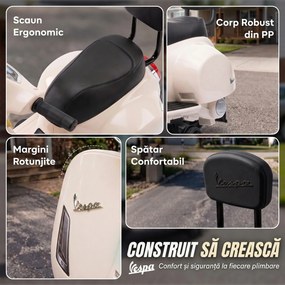 AIYAPLAY Motocicletă electrică pentru copii 1.5-3 ani mini Vespa GTS 7.2V, cu baterie litiu, spătar, roți ajutătoare, far, claxon, 2.5km/h, max. 25 Kg, alb crem | Aosom Romania