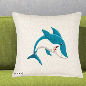 Perna Decorativa Rechin Albastru Cartoon, 40x40 cm, Crem Reliefat, Husa Detasabila, Perna Inclusa, BEKZ®