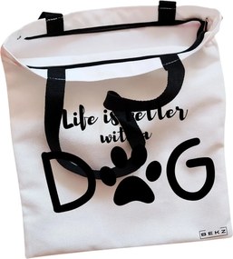 Sacosa de Panza pentru Cumparaturi, Geanta Tote, model Life is better with a doggo, Cu fermoar, 38x34.5 cm, Alba, BEKZ®
