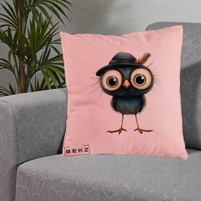 Perna Decorativa Pui Misterios cu Palarie Neagra, 40x40 cm, Roz, Husa Detasabila, Perna Inclusa, BEKZ®