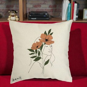 Perna Decorativa Portret Feminin Doua Maci Terracotta, 40x40 cm, Ecru, Husa Detasabila, Perna Inclusa, BEKZ®