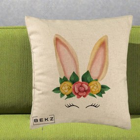 Perna Decorativa Iepuras Flori Urechi Pastelui, 40x40 cm, Bej, Husa Detasabila, Perna Inclusa, BEKZ®