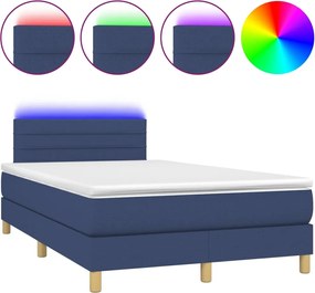 vidaXL Pat cu arcuri, saltea și LED, albastru, 120x200 cm, textil