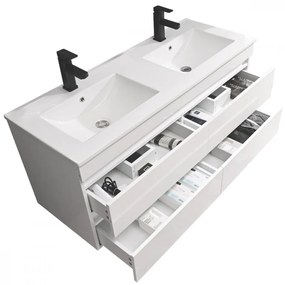 Mască de baie Cube 120 cu chiuvetă ceramică, 2 sertare, vopsită în alb lucios