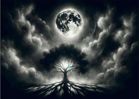 Tablou pe sticlă – Arbore alb-negru în lună plină (70x50 cm)