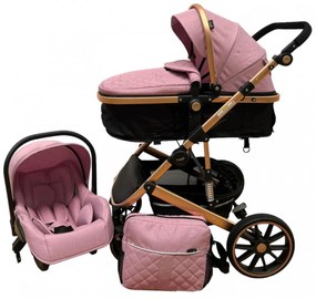 Carucior 3 in 1 cu scoica auto, transformabil, reversibil, cu roti cauciuc, 0-36 luni - CPC-37-roz