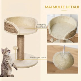 PawHut Arbore de Zgâriat pentru Pisici Adulte și Pui, Stâlp cu Culcuș pentru Pisici, Stâlp din Iută și Minge Atârnată, 40x40x49 cm, Bej