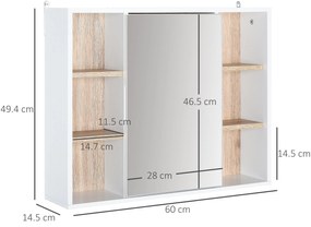 HOMCOM Dulap cu Oglinda din MDF si PAL, Dulap de Baie cu 3 Rafturi Laterale si Raft Interior Reglabil, 60x14.5x49.4 cm, Alb si Lemn Natur | Aosom RO