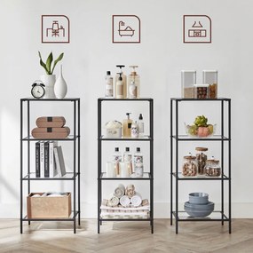 Etajera cu 4 rafturi, metal / sticla temperata, negru, Vasagle