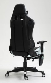 RESIGILAT- Scaun gaming, Masaj in 7 puncte, Boxe Bluetooth, funcție șezlong, 90-180 grade, suport picioare, sezut benzi elastice sustinere suplimentara, PU, Negru/Alb