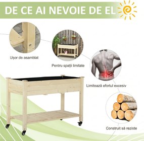 Outsunny Pat Grădină Legume Înălțat Lemn cu Roți, Jardiniera Înălțată cu Raft Inferior, 118x55x83cm, Natural | Aosom Romania