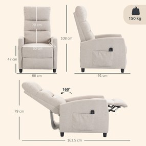 HOMCOM Fotoliu Masaj Reclinabil Manual 160°, Chenille, Suport Picioare, Telecomandă, Buzunare, Crem | Aosom Romania
