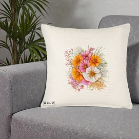 Perna Decorativa Buchet Cosmos Portocaliu Roz si Alb, 40x40 cm, Crem Reliefat, Husa Detasabila, Perna Inclusa, BEKZ®