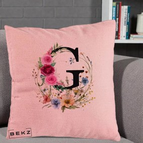Cadou Personalizat - Perna Personalizata Monogram Litera G cu Flori Acuarela, 40x40 cm, Roz, Husa Detasabila, Perna Inclusa, BEKZ®