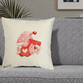 Cadou Romantic - Perna Personalizata I Love You Gnome Valentine cu Scrisoare, 40x40 cm, Ecru, Husa Detasabila, Perna Inclusa, BEKZ®
